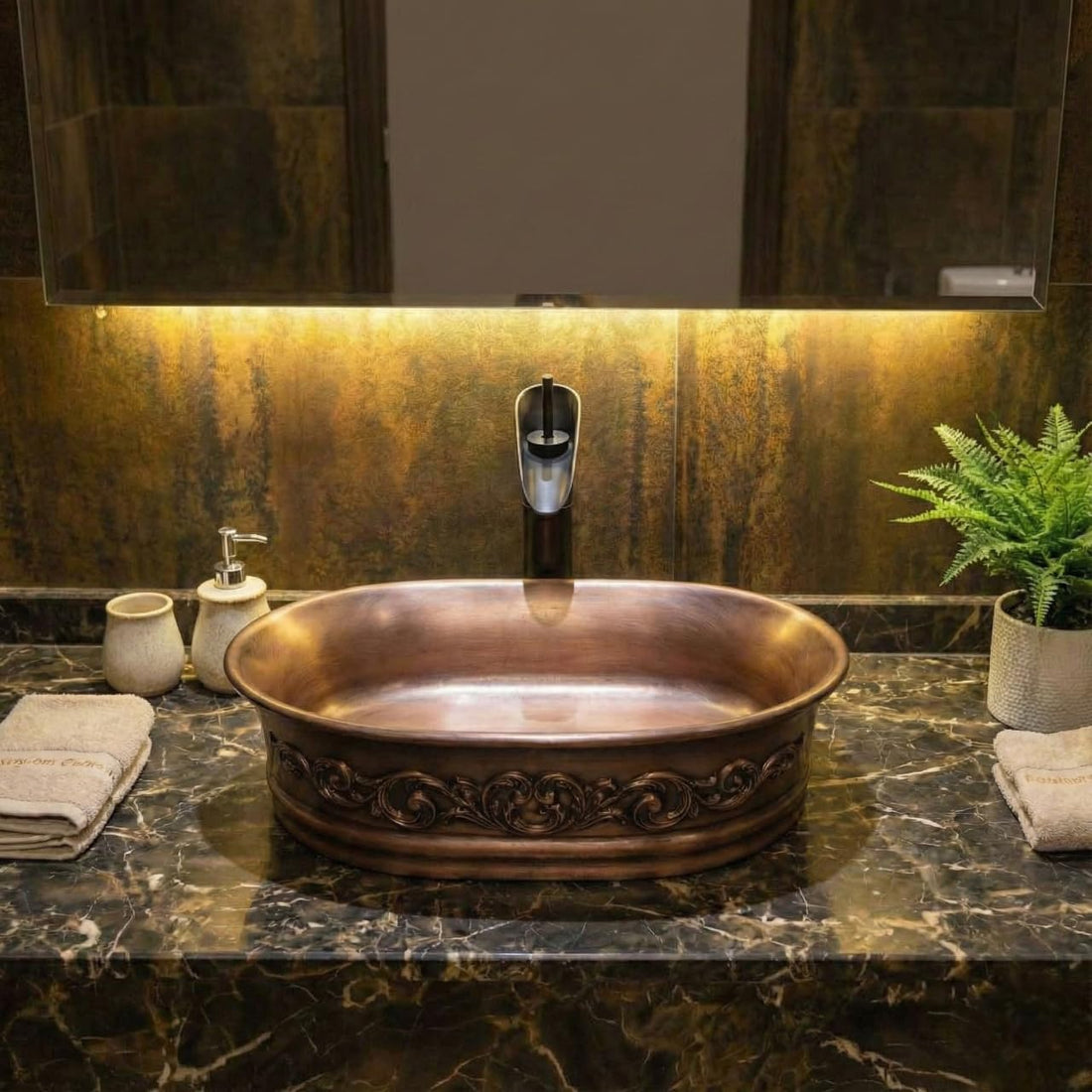 Sink on top of vanity InArt matte copper ceramic oval vessel sink, 50x37 cm countertop basin