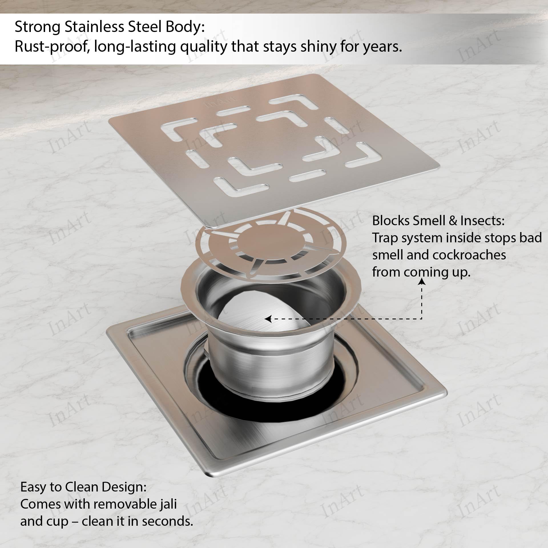 InArt 5 x 5 Inch Square Stainless Steel Shower Drain with Removable Grate, additional product view 5