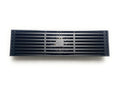 Top view of matte black linear drain cover with long slotted grate pattern, brass shower drain