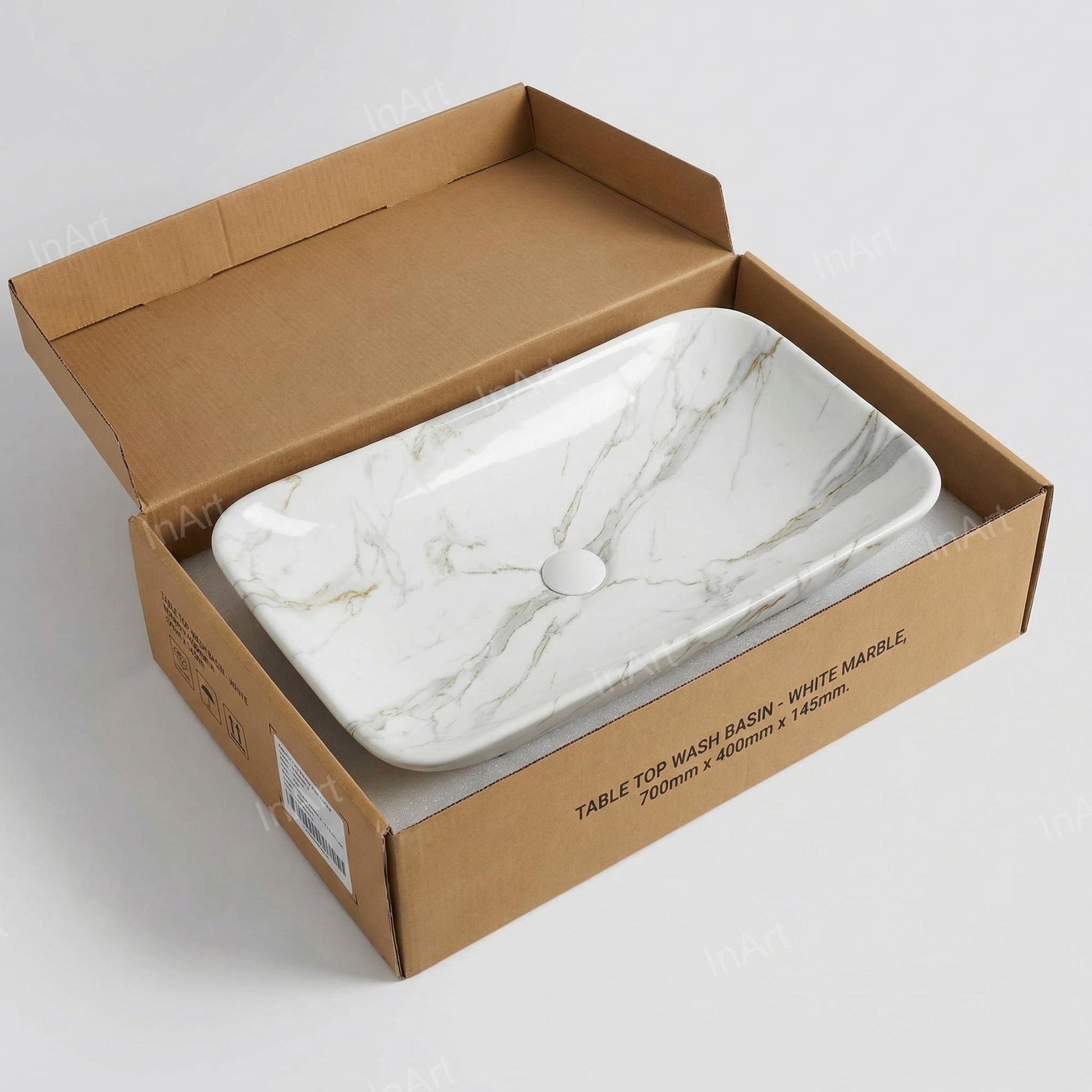 InArt Rectangle Bathroom Ceramic Vessel Sink Art Basin in White Marble Color, additional product view 4