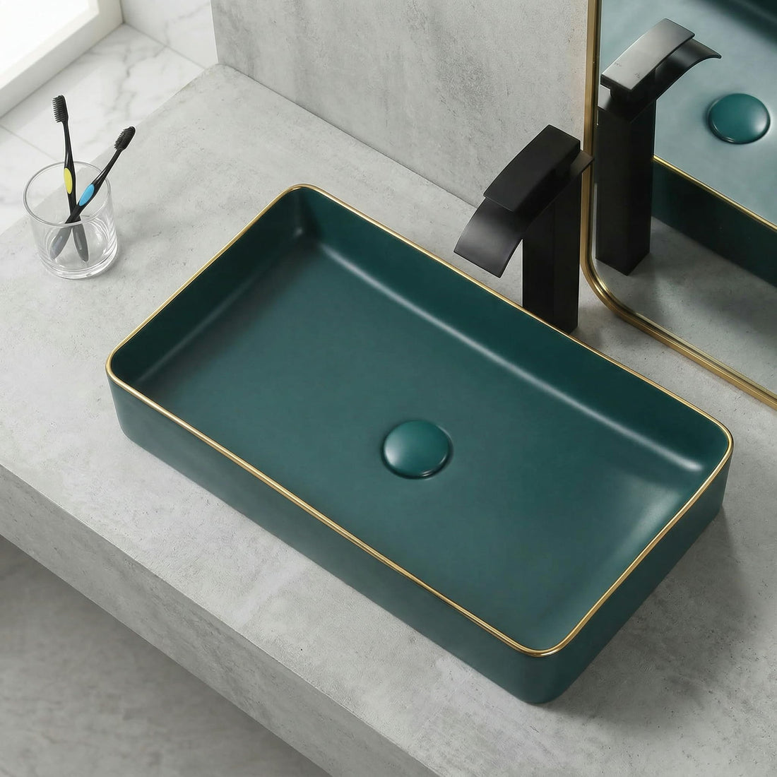 Olive Green Rectangular Ceramic vessel bathroom sink