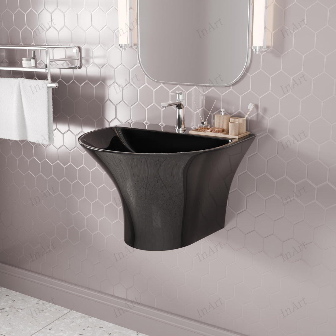 Glossy black ceramic oval wall-hung bathroom sink with integrated half pedestal, front view