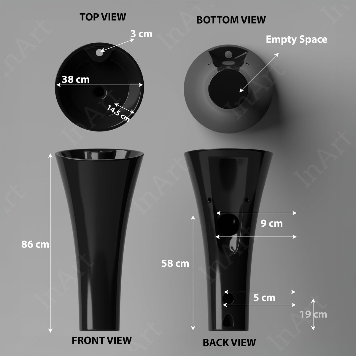 InArt Basin Pedestal Sink - Bathroom Standing Sink Black 40x40 CM, additional product view 3