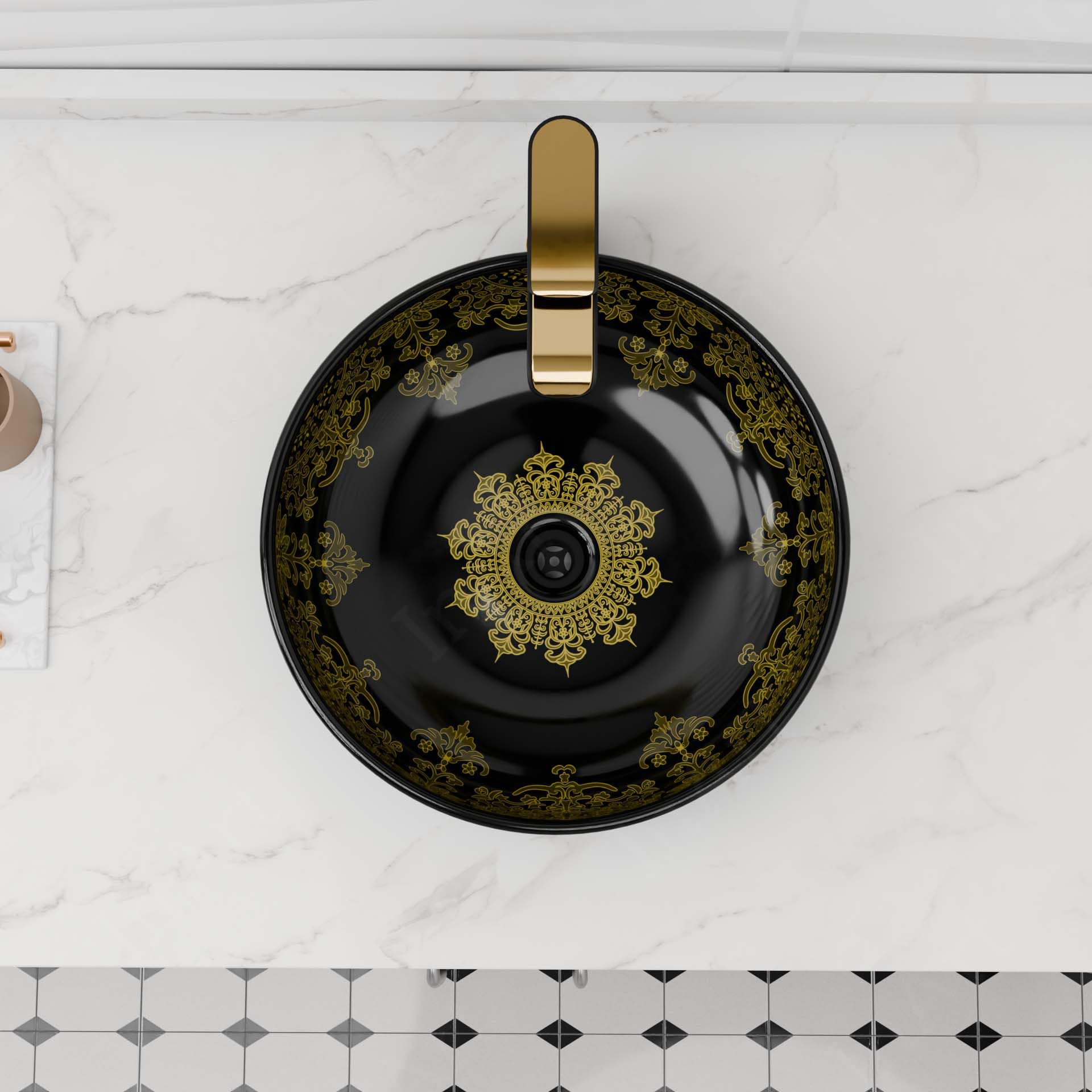 InArt Glossy Black Ceramic Round Vessel Sink – Above Counter, 16" Gold Pattern, additional product view 5