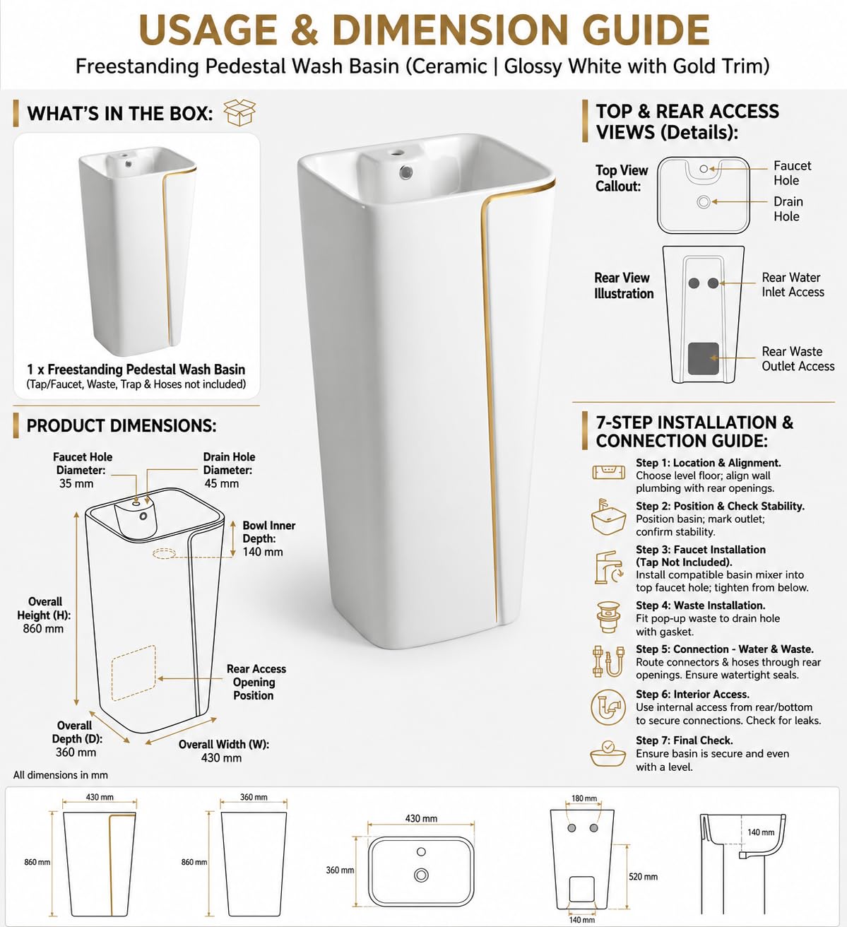 InArt Basin Pedestal Sink - Standing Bathroom Sink White Gold Glossy 43x36 CM, additional product view 6
