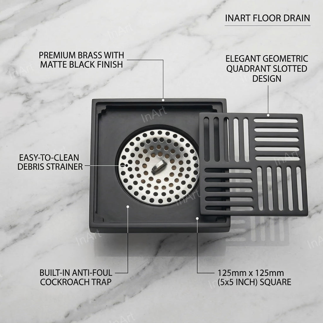 InArt Matte Black 12 x 4 Inch Brass Floor Drain with Removable Strainer