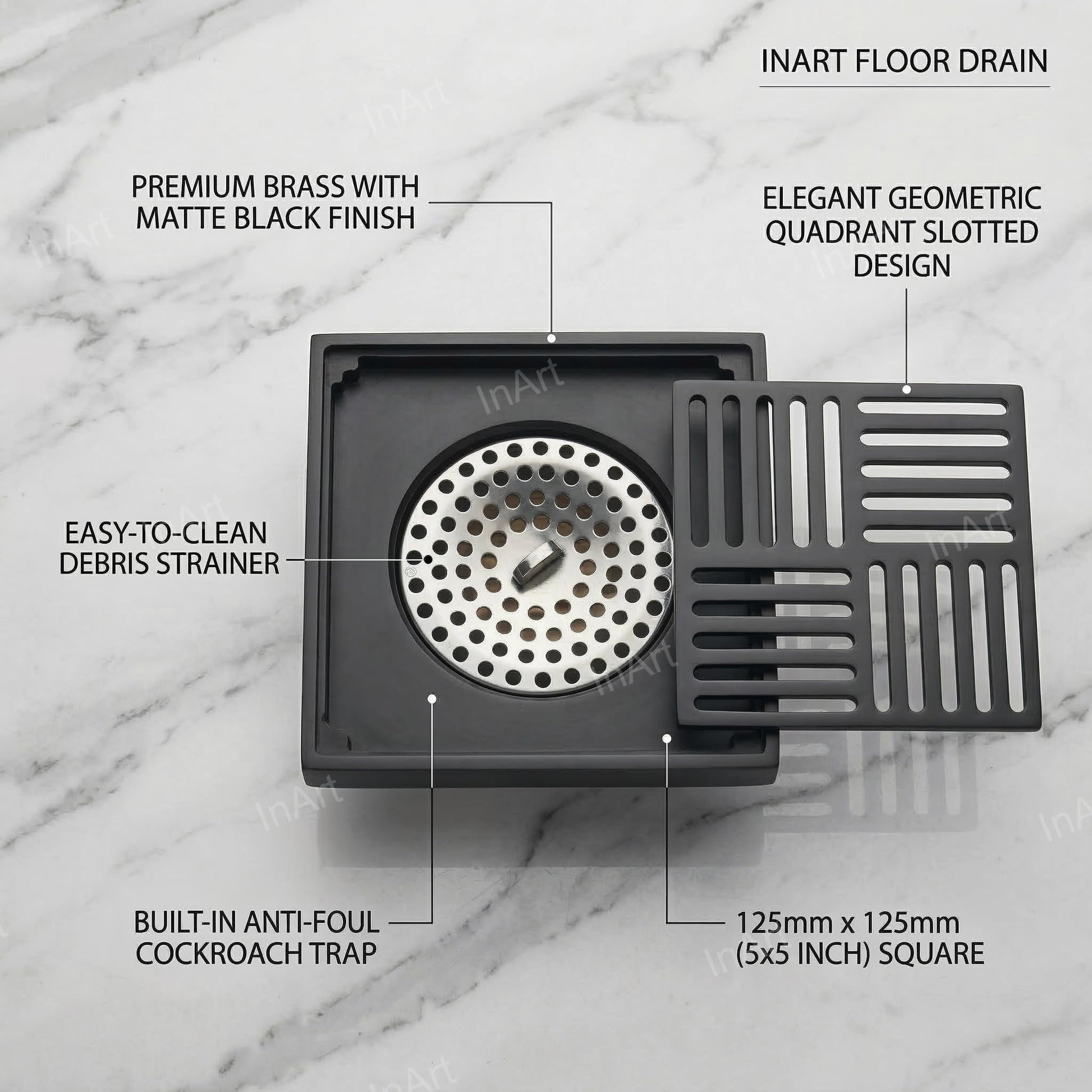 InArt Matte Black 12 x 4 Inch Brass Floor Drain with Removable Strainer, additional product view 2