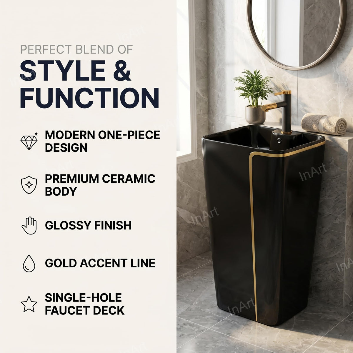 InArt Basin Pedestal Sink - Standing Bathroom Sink Black Glossy 43x36 CM, additional product view 3