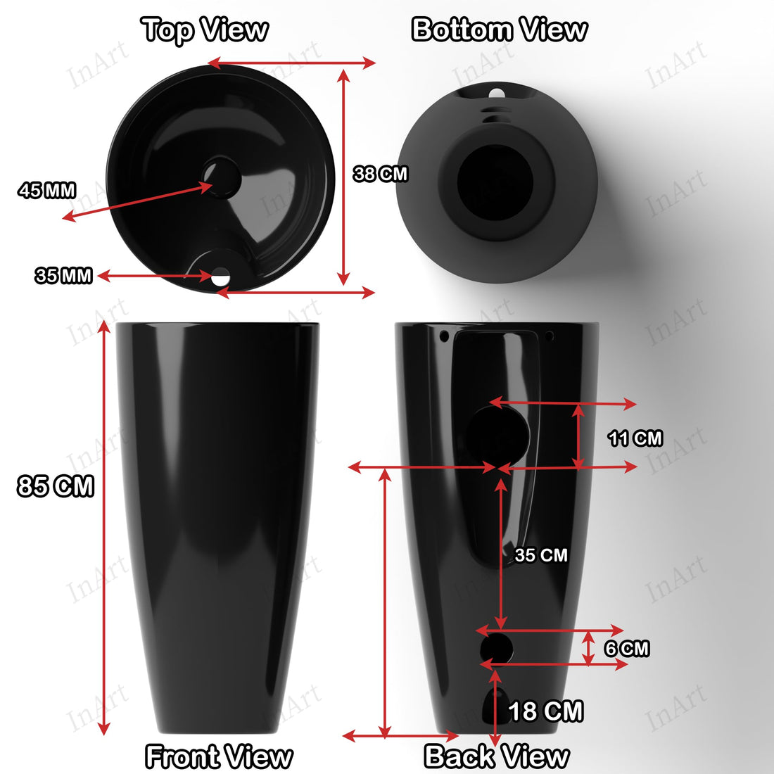 InArt Basin Pedestal Sink - Circular Bathroom Standing Sink Black 38x38 CM