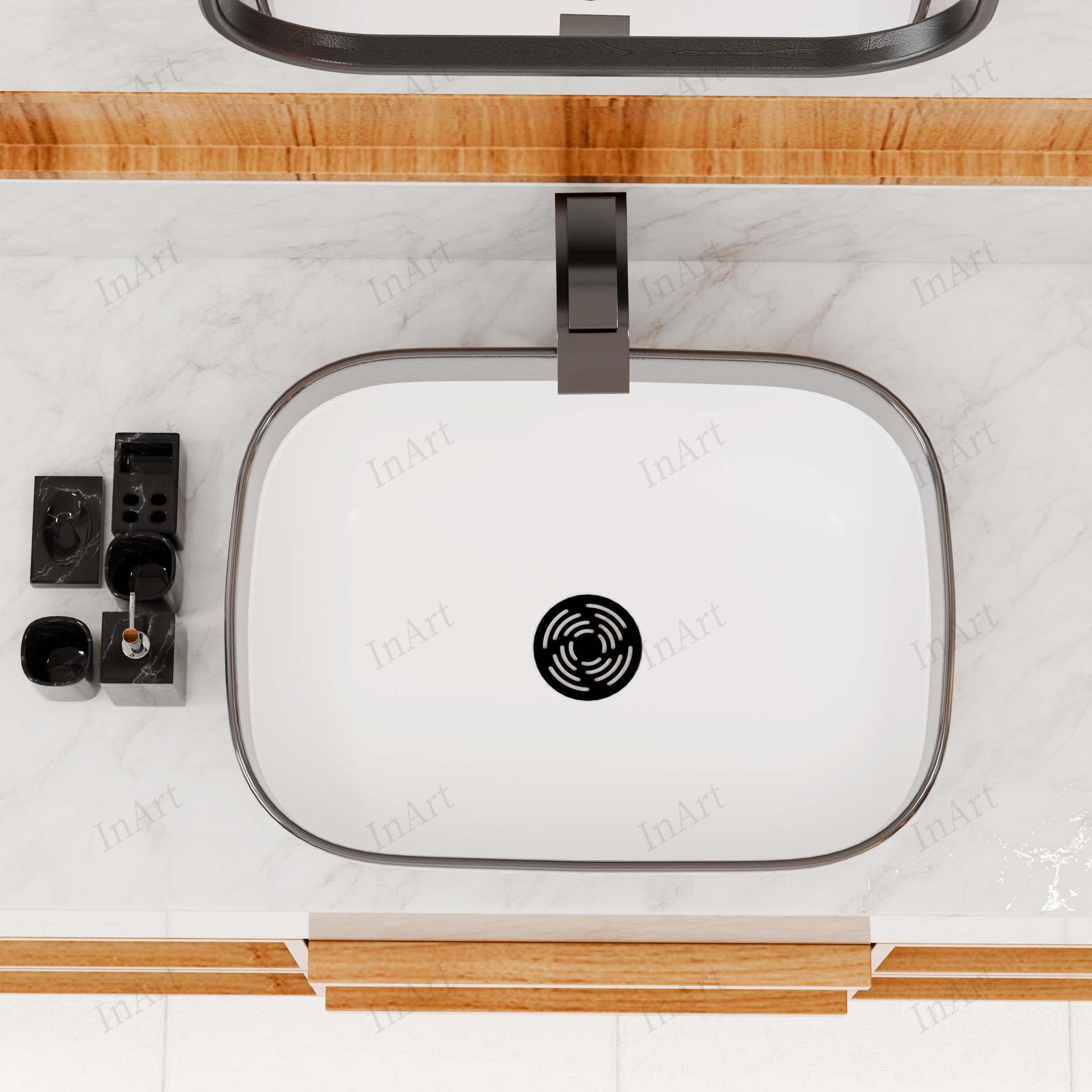 White ceramic vessel sink rectangle with raised edges, easy-clean countertop wash basin design