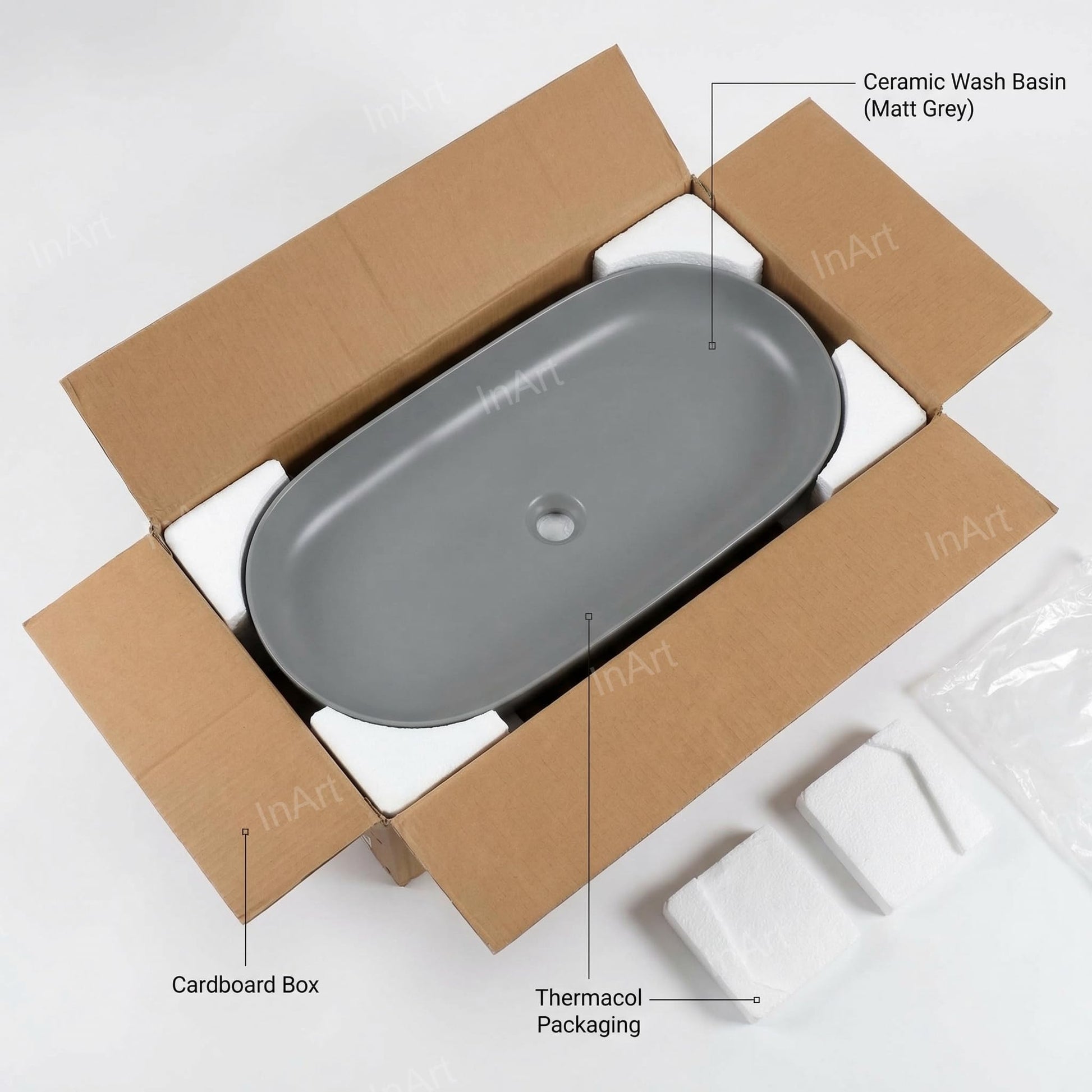 Bathroom countertop basin styling shot, InArt matte gray rectangular vessel sink on table top with sink