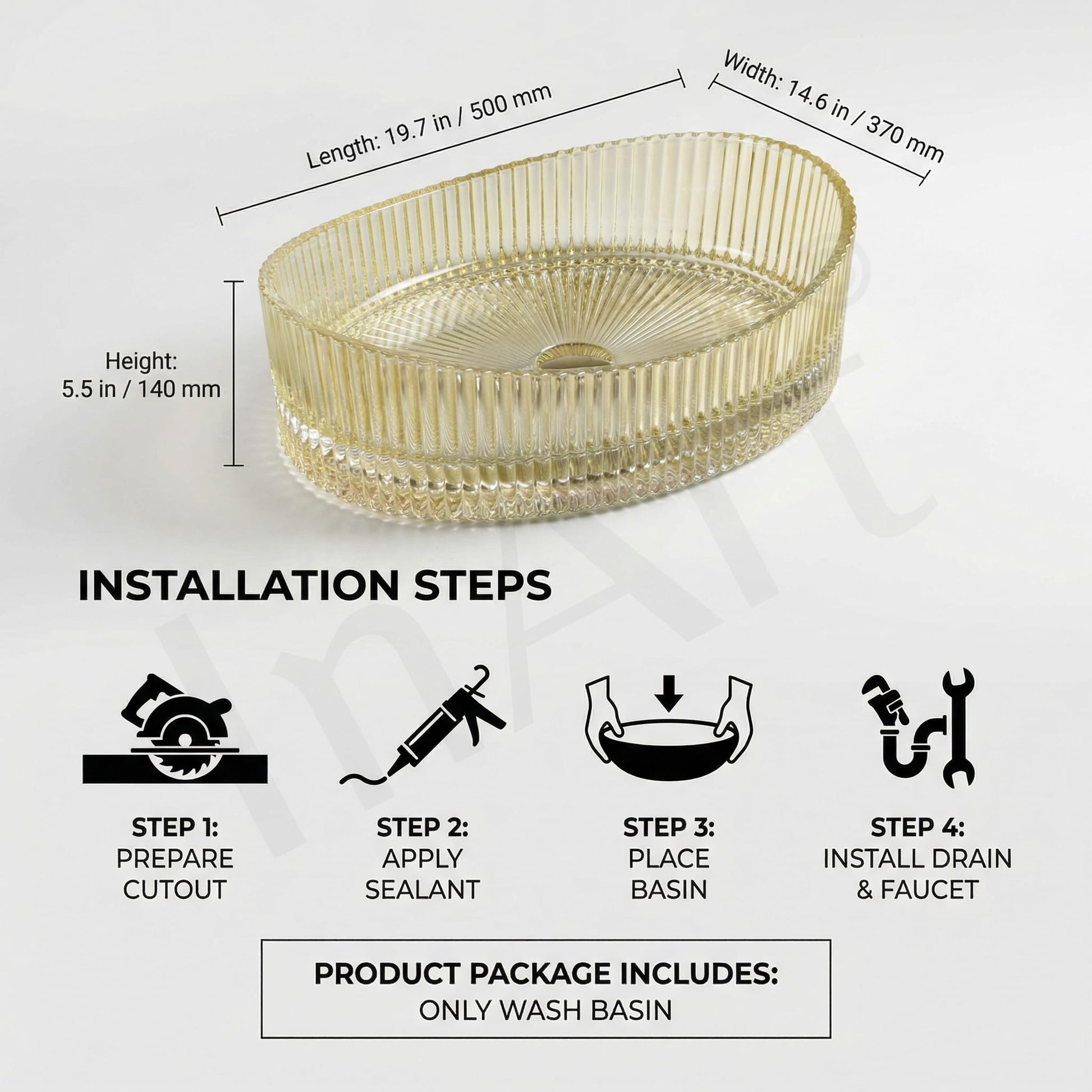 Oval glass vessel sink gold top view, InArt gold glass sink bowl with glossy finish for countertop