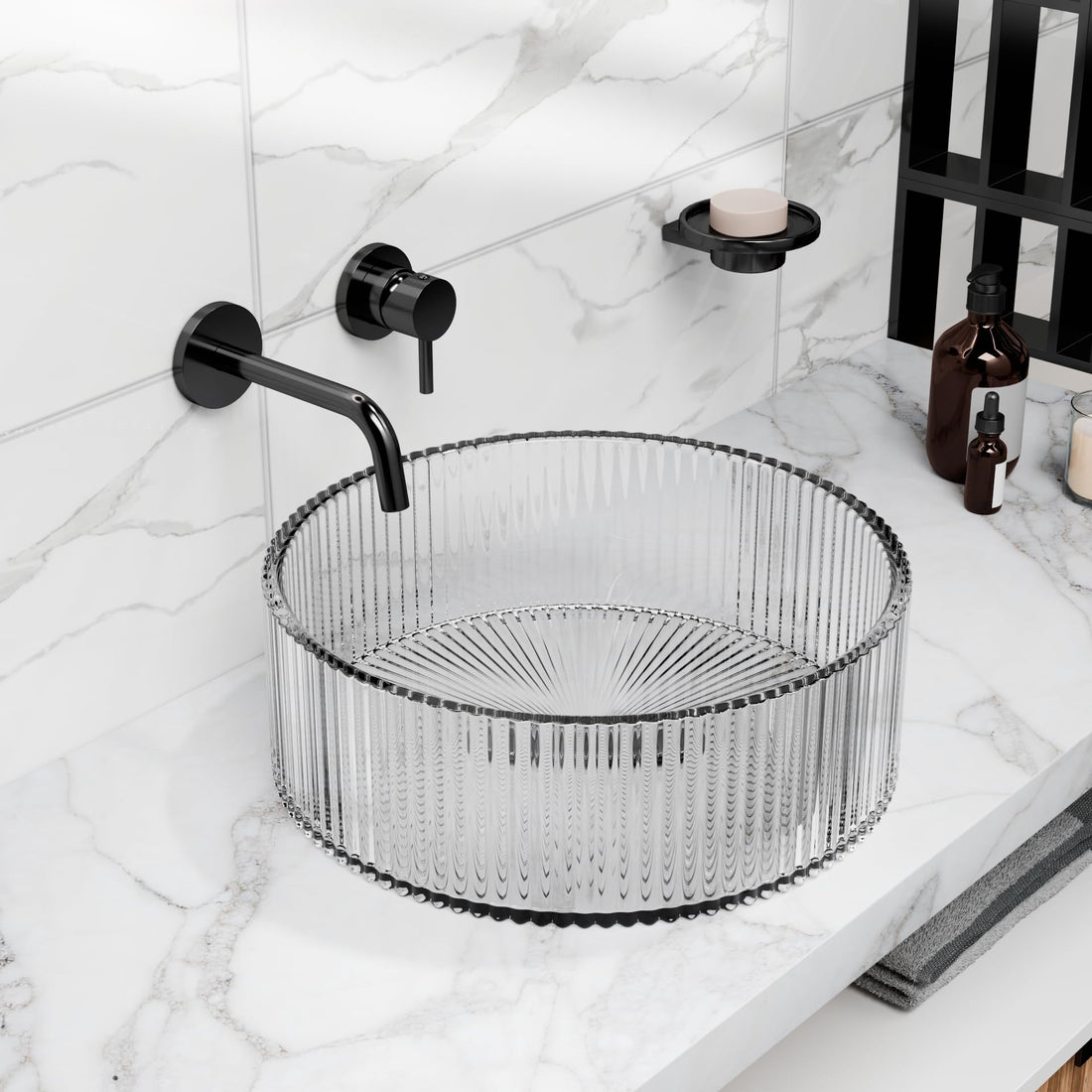 InArt Smoked Tempered Glass Oval Vessel Sink – Ribbed Texture, 19.7"x14.6"