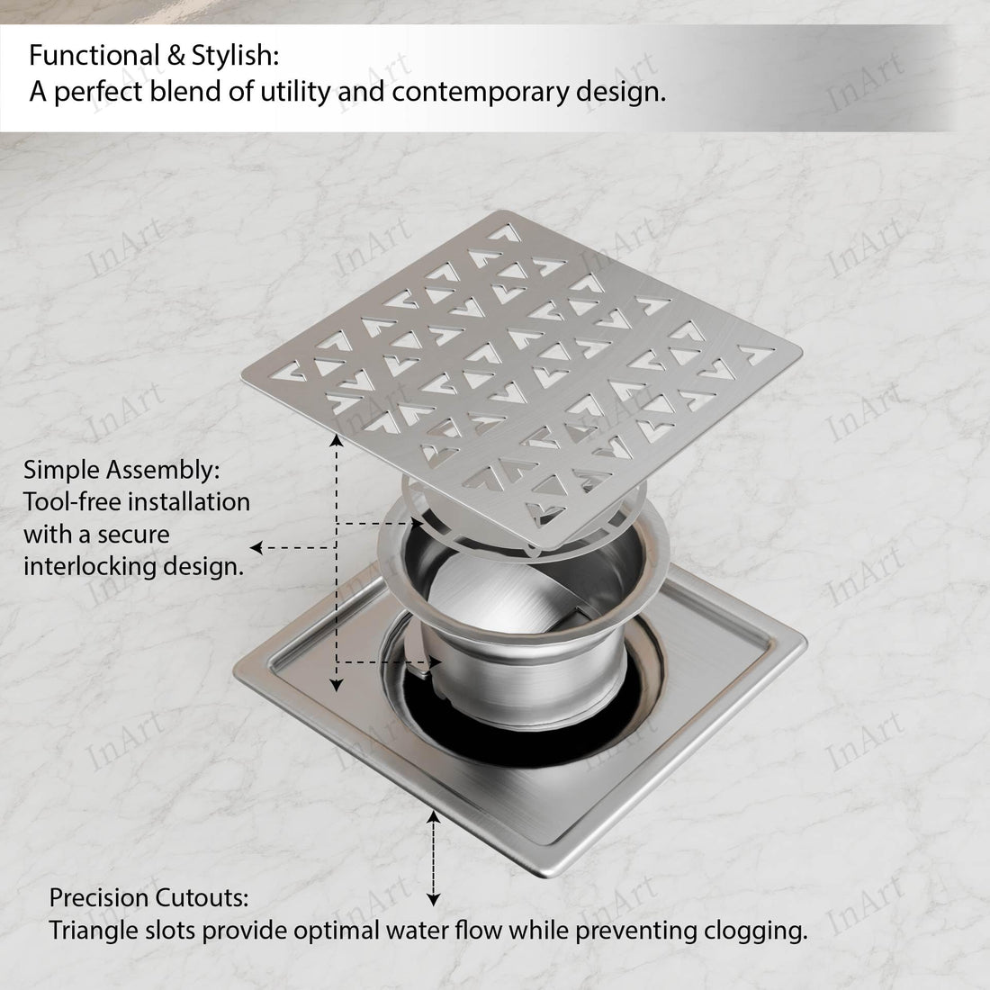 InArt 5 x 5 Inch Square Stainless Steel Shower Drain for Bathroom Floors