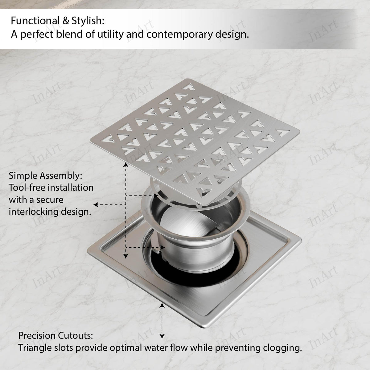 InArt 5 x 5 Inch Square Stainless Steel Shower Drain for Bathroom Floors, additional product view 2