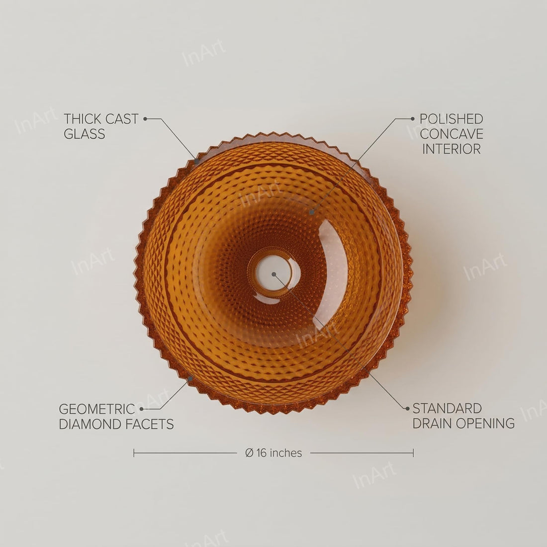 InArt Amber Orange Glass Vessel Sink for Countertop Bathrooms, 13.4 Inch