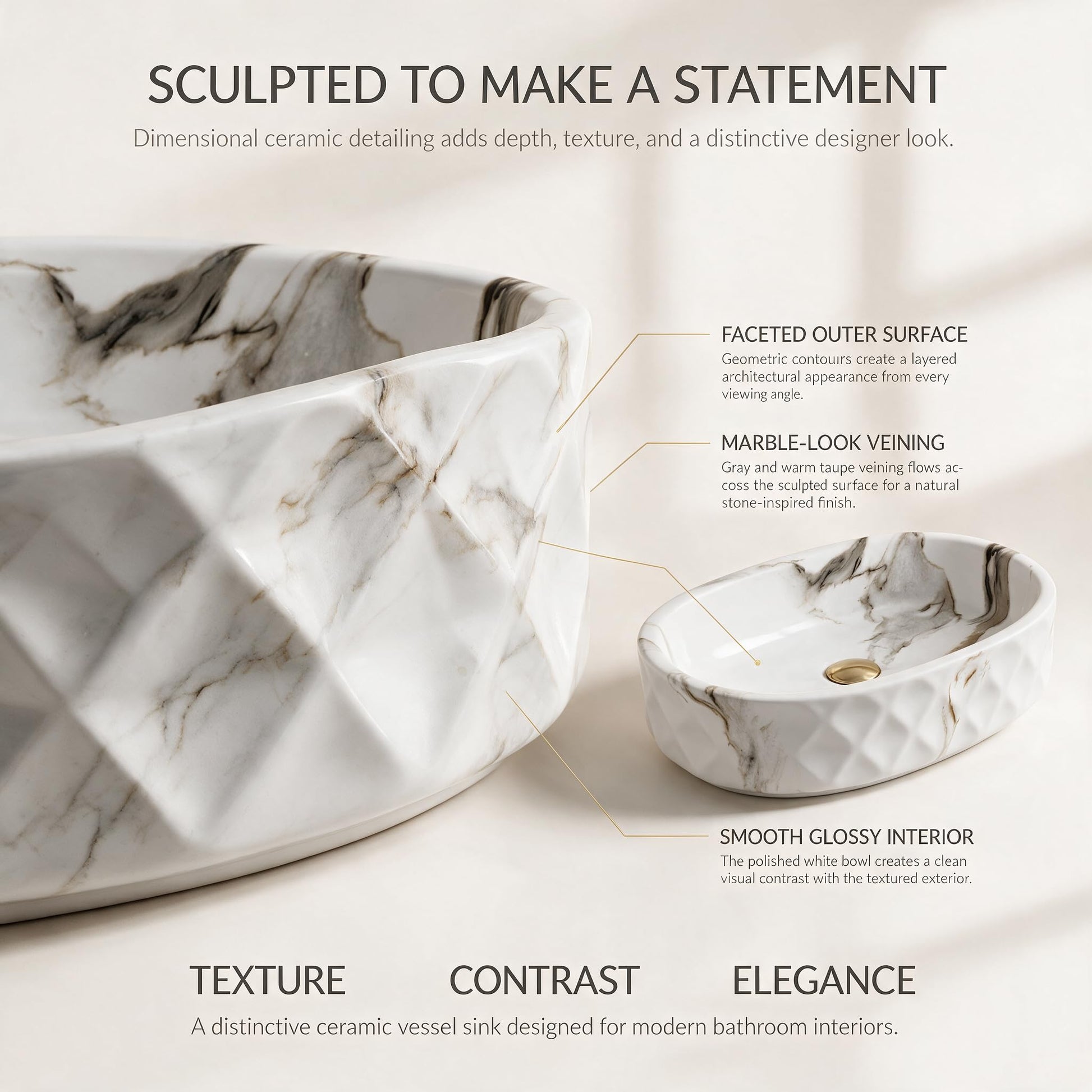 White, Gray and Taupe Oval Ceramic vessel bathroom sink, additional product view 4