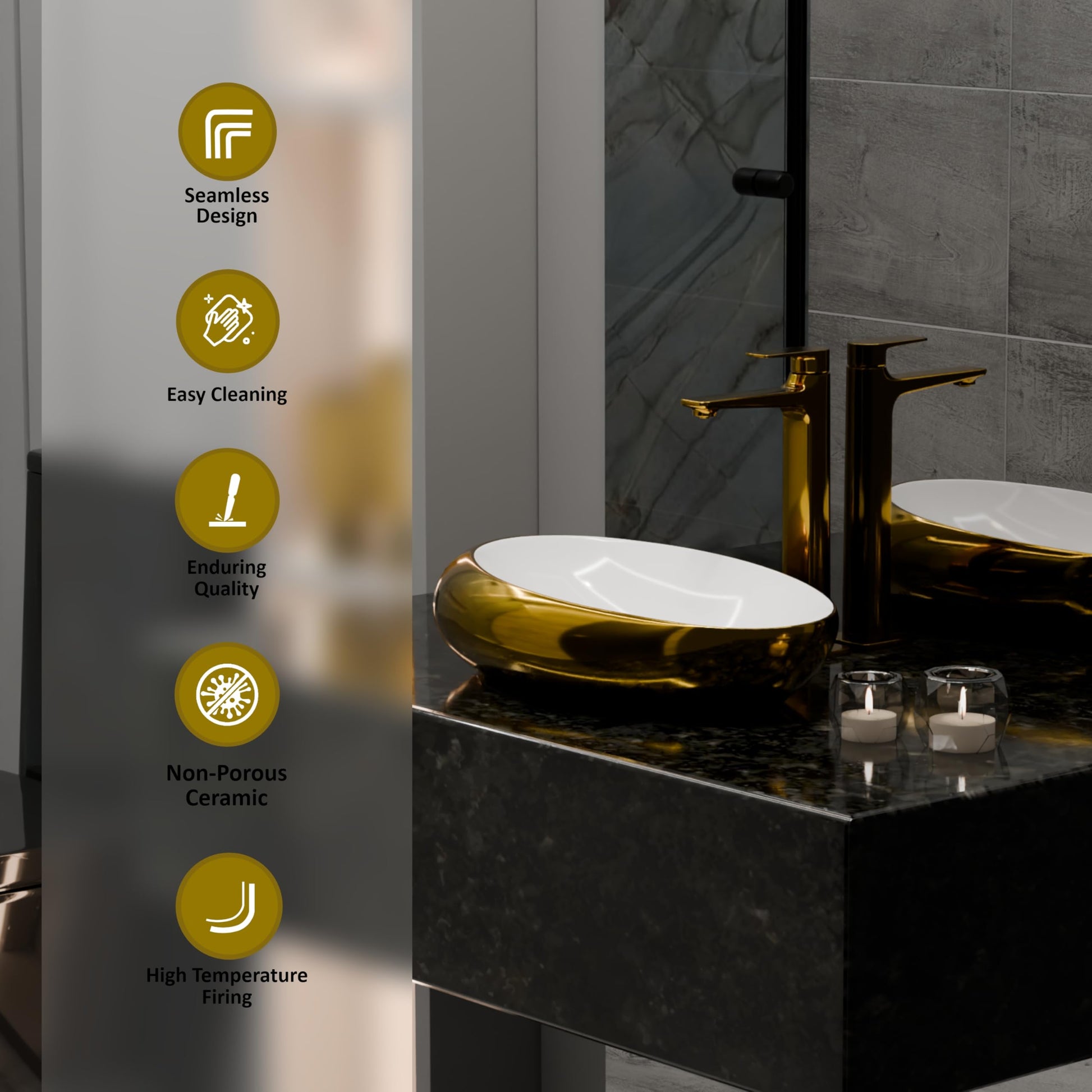 Above counter bathroom sink shown on vessel sink cabinet, oval ceramic bowl in white and gold finish
