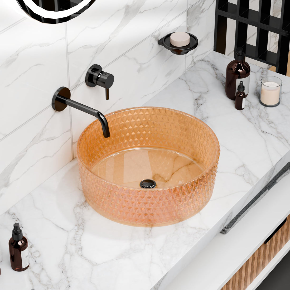 Vessel sinks - InArt amber round glass basin vessel sink, luxury above counter bathroom sink