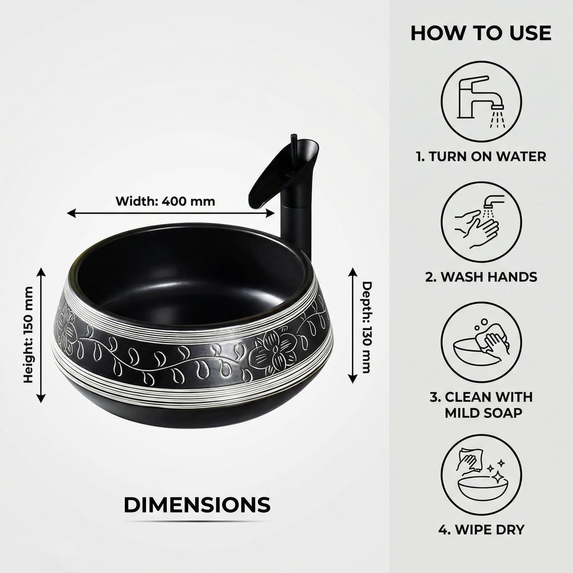 Drain opening detail on black sink vessel, round ceramic sink basin for countertop installation