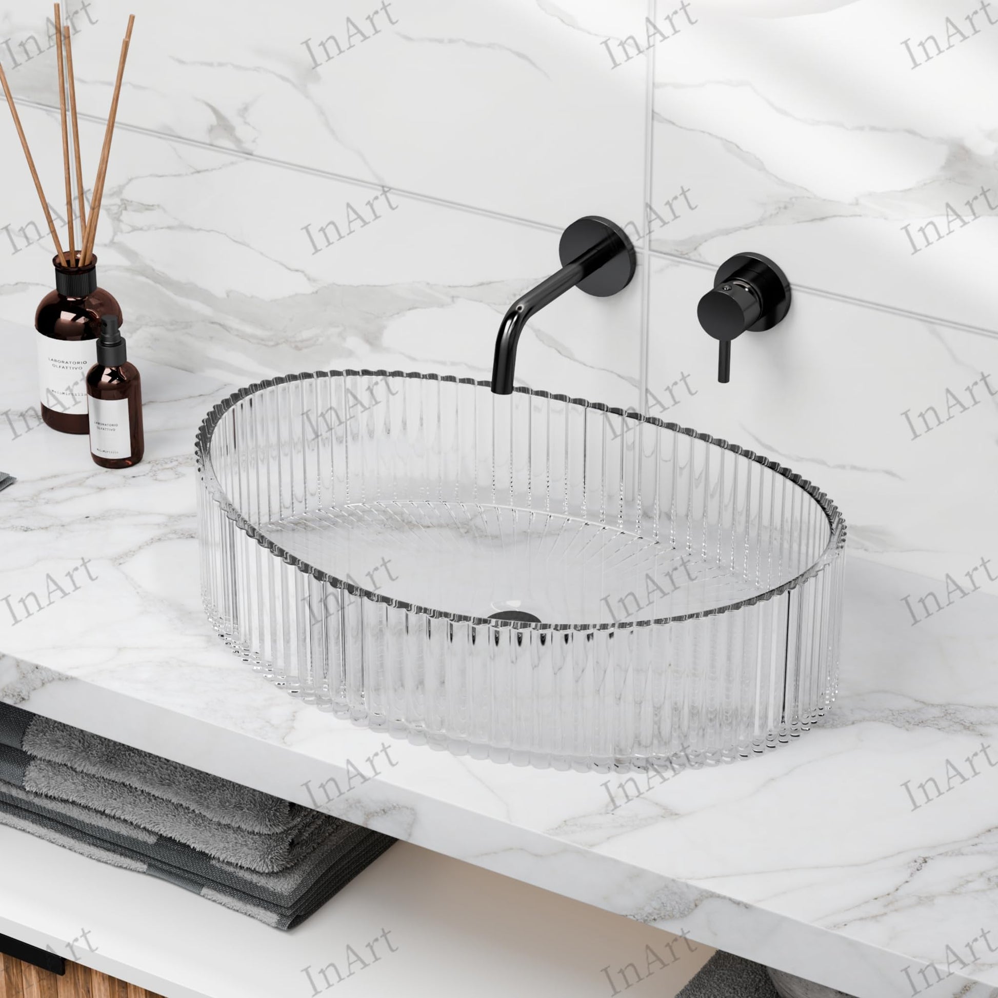 InArt Clear Glass Oval Vessel Sink – Fluted Ribbed Design, 19.7"x14.6", additional product view 9