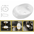 Drain opening detail on oval ceramic vessel sink, glossy finish for bathroom vanity with raised sink