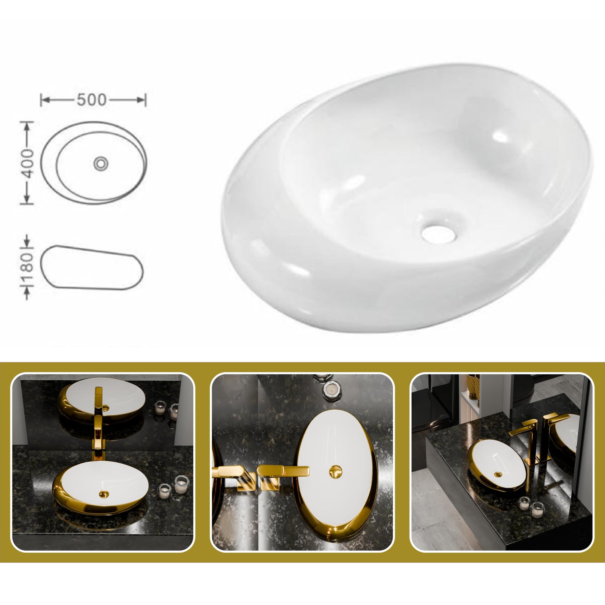 Drain opening detail on oval ceramic vessel sink, glossy finish for bathroom vanity with raised sink