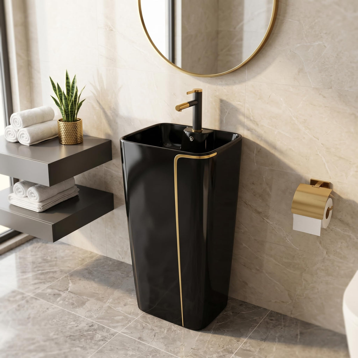 InArt Basin Pedestal Sink - Standing Bathroom Sink Black Glossy 43x36 CM