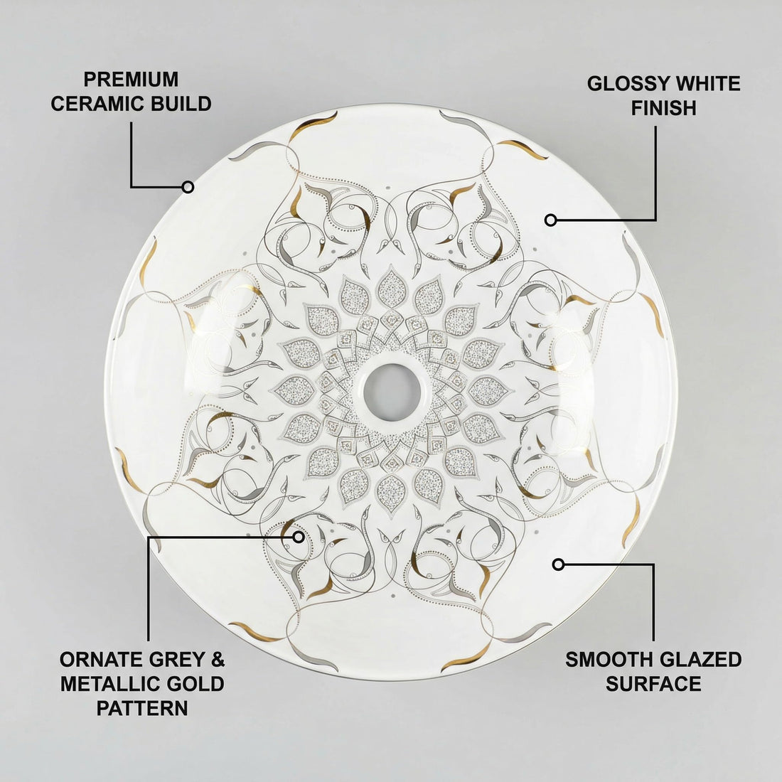 Vessel sinks for bathroom - InArt round ceramic vessel sink, glossy white with gold accent, 18x18x5