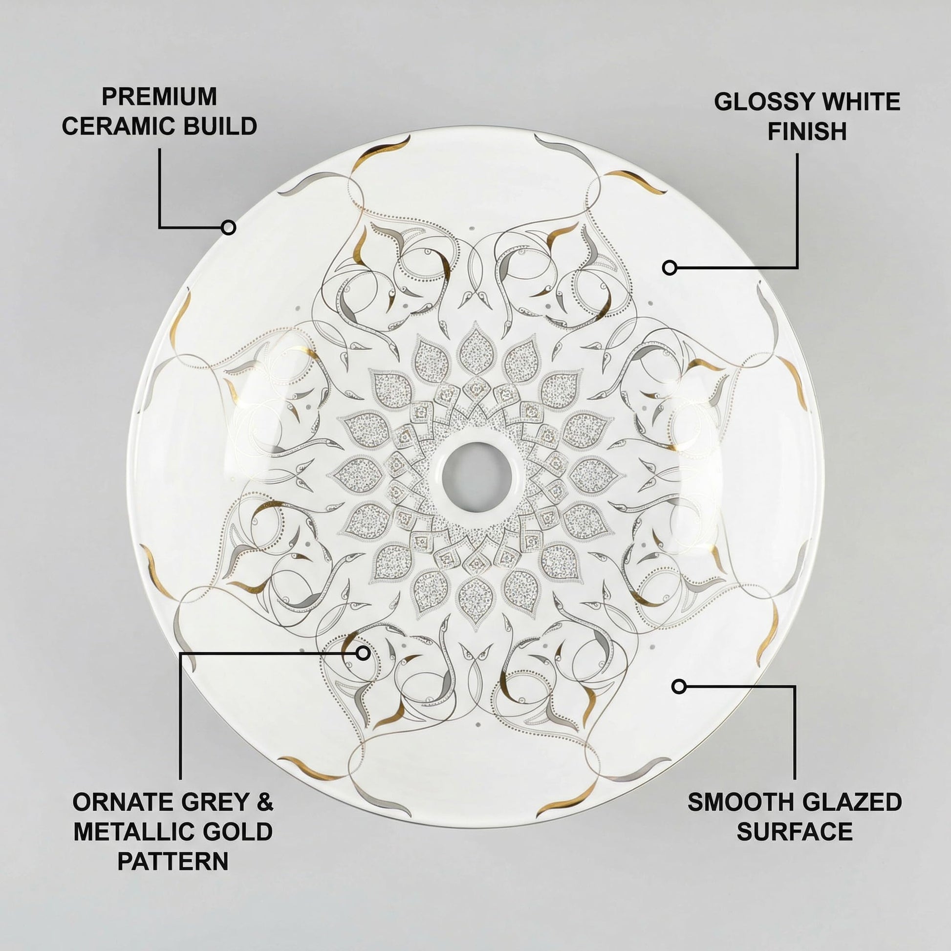 Above counter bathroom sink angled view, round ceramic vessel bowl in glossy white with gold rim