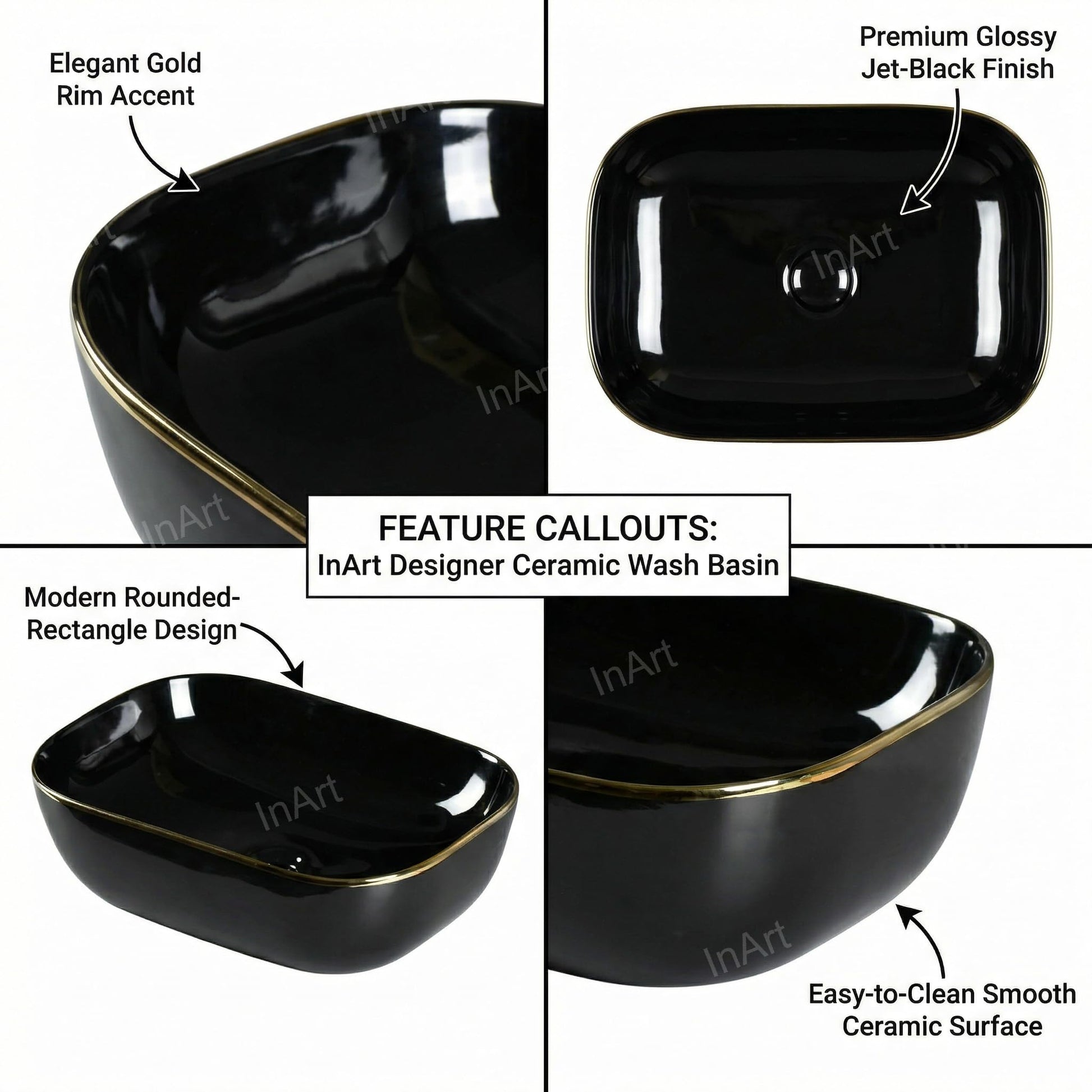 Above counter bathroom sink for vessel sink vanity, rectangular ceramic basin in black gold, side view