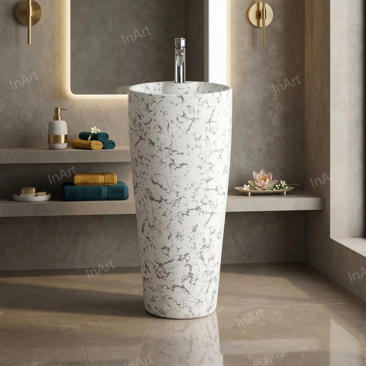 InArt Basin Pedestal Sink - Standing Bathroom Sink White Marble 38x38 CM, additional product view 4