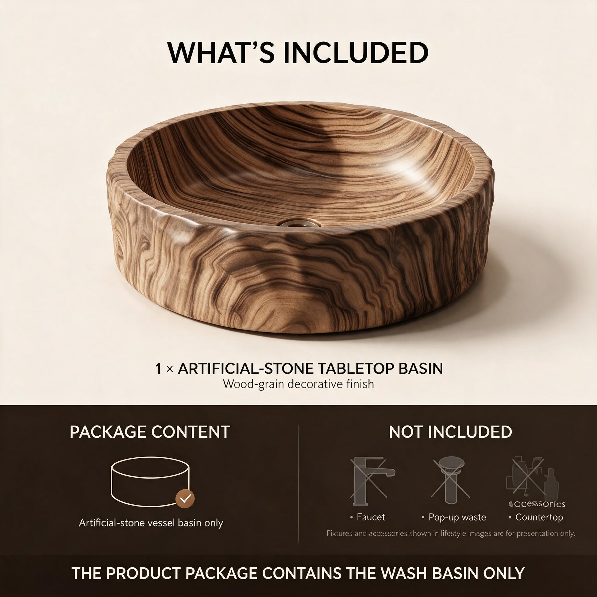 Wood Brown Round Artificial Stone vessel bathroom sink, additional product view 6