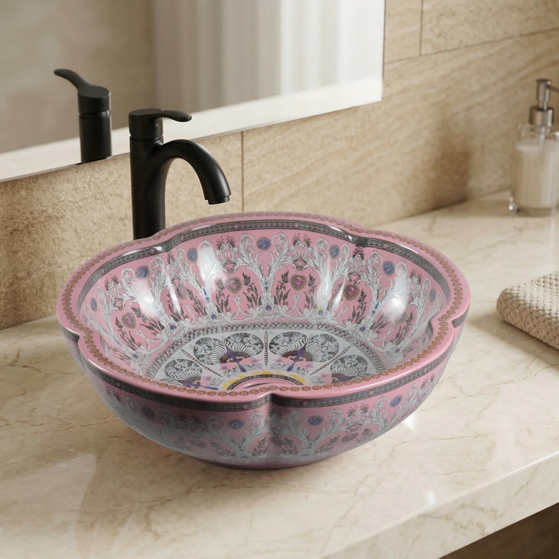 InArt Glossy Pink Ceramic Round Vessel Sink – Sink on Top of Vanity, 16" Scalloped