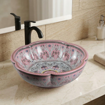 InArt Glossy Pink Ceramic Round Vessel Sink – Sink on Top of Vanity, 16" Scalloped