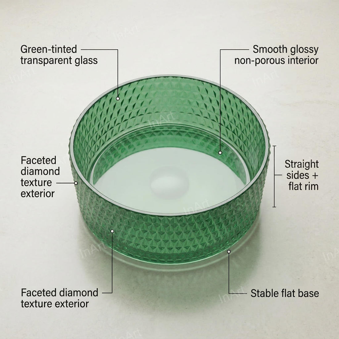 InArt Green Tinted Glass Vessel Sink for Countertop Bathroom Vanities, 15.6 Inch