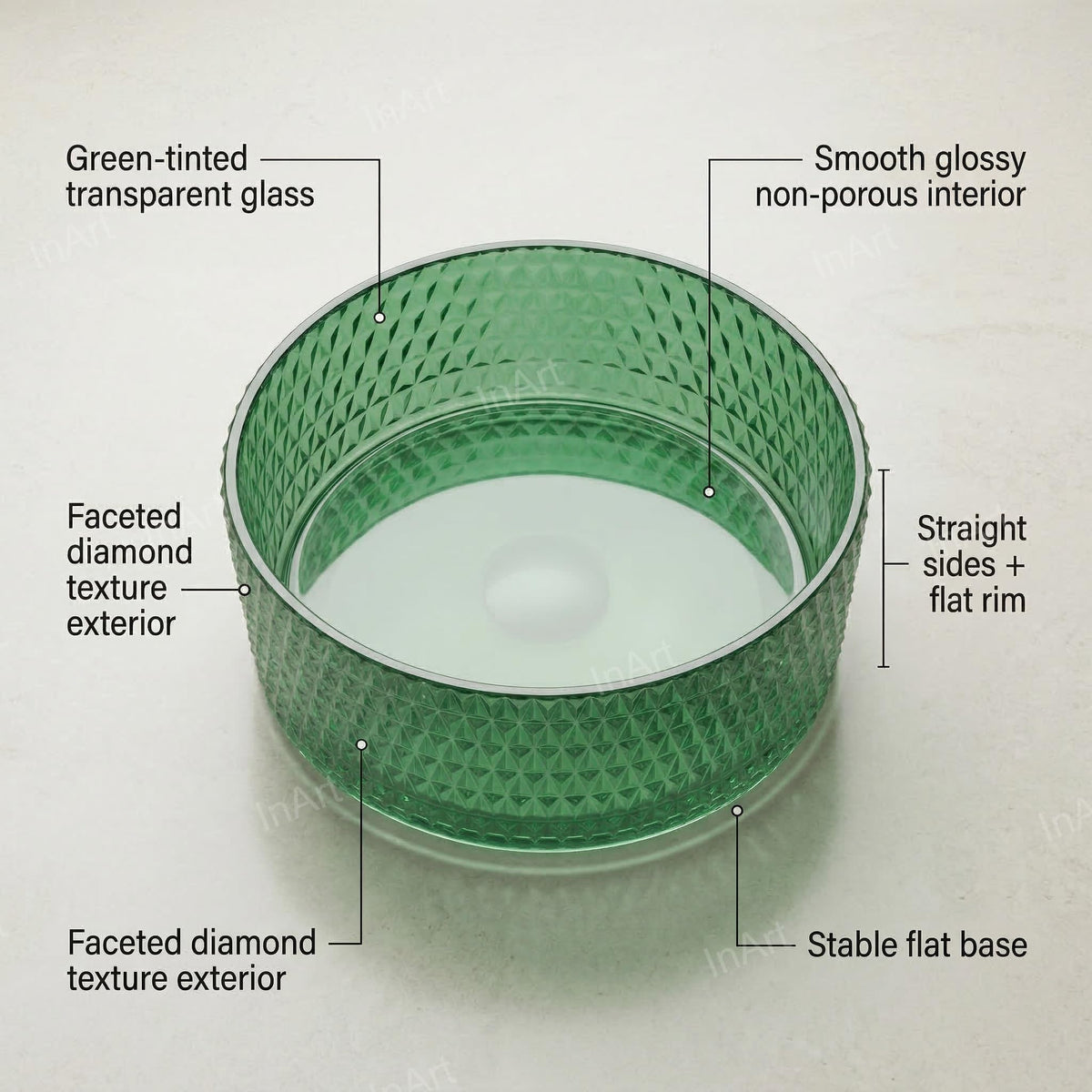 InArt Green Tinted Glass Vessel Sink for Countertop Bathroom Vanities, 15.6 Inch, additional product view 2