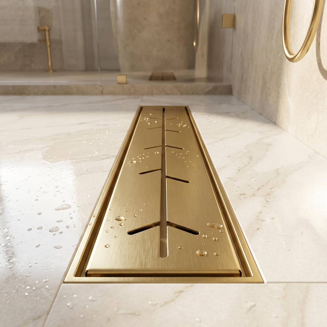 InArt brushed gold 12-inch linear shower drain with branch-slot grate