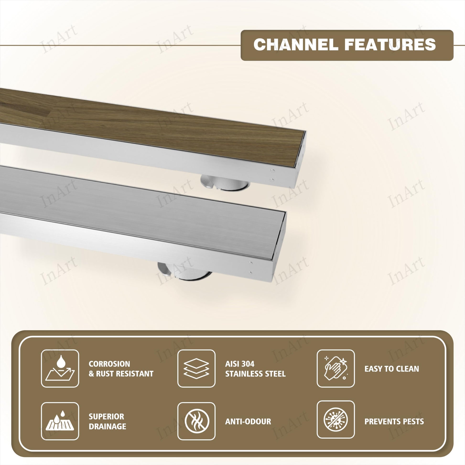 InArt 24 x 4 Inch Stainless Steel Shower Floor Drain with Hair Strainer Grate, additional product view 4