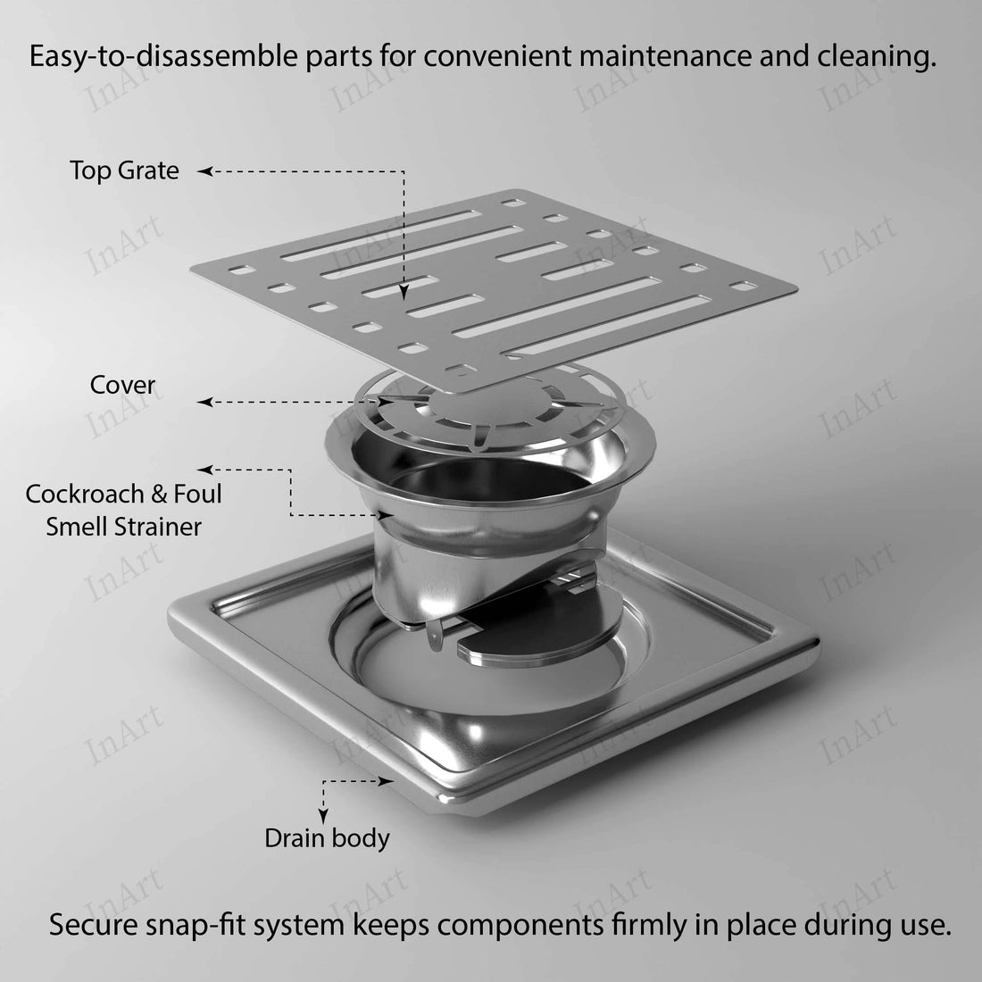 Square shower floor drain cover, 304 stainless steel brushed finish, 5x5 inch slotted grate top view