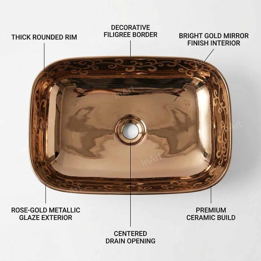 Ceramic vessel sink InArt Inart Wash Basin rose gold rectangular tabletop bathroom sink
