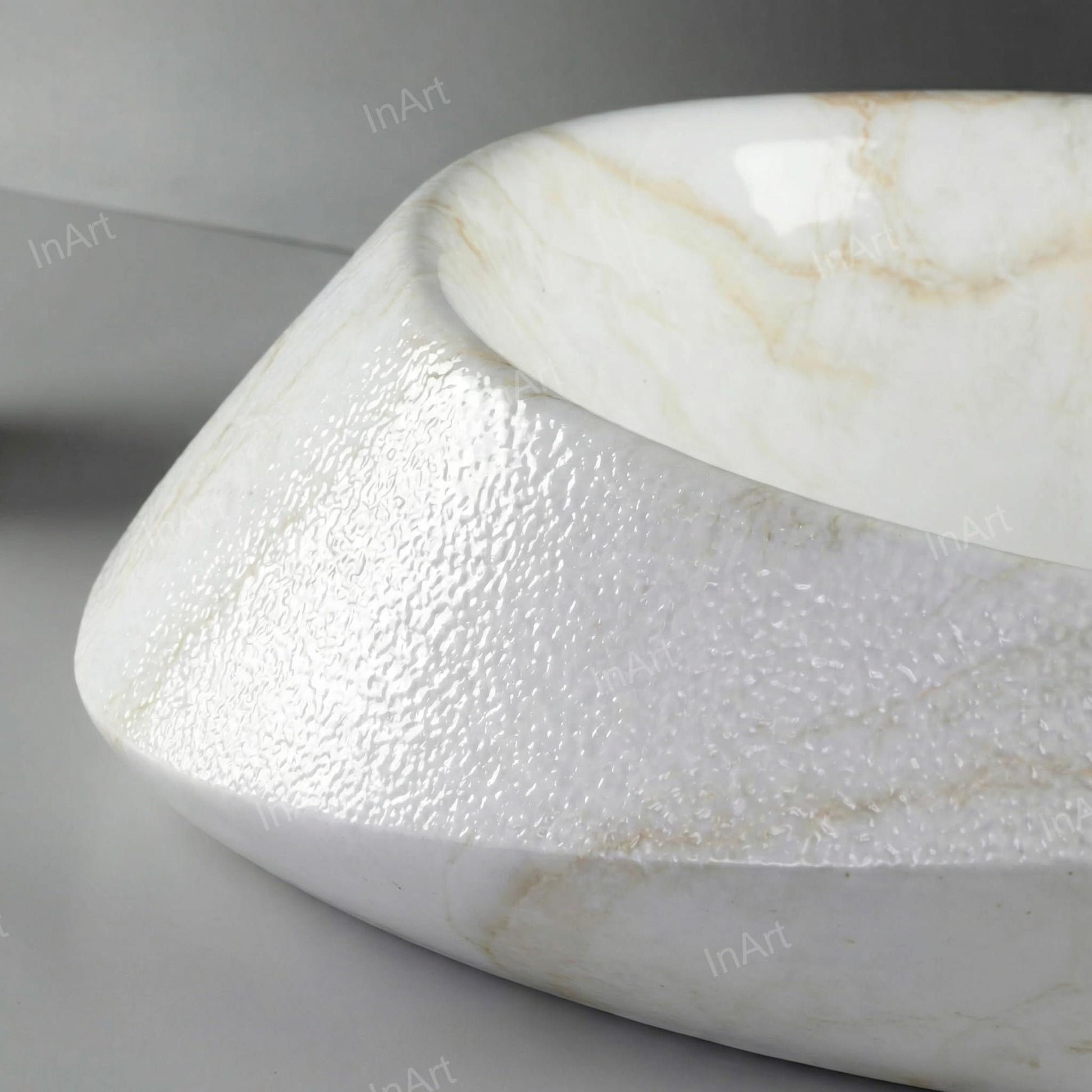 Bathroom sink on top of vanity lifestyle, marble look ceramic oval vessel sink with faucet on countertop