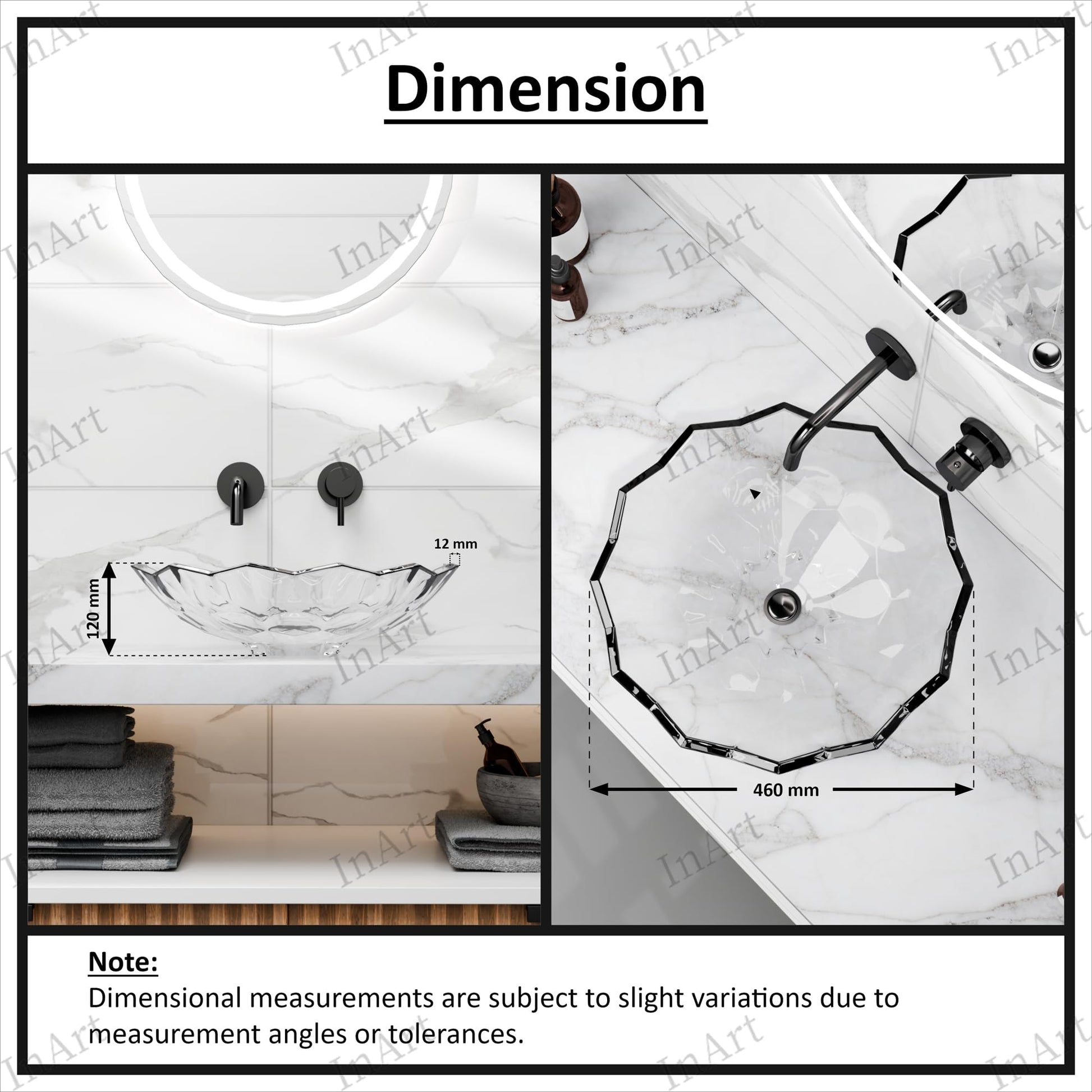 Vessel sink glass, angled view of clear glossy square transparent glass bathroom sink bowl with prism-cut edges