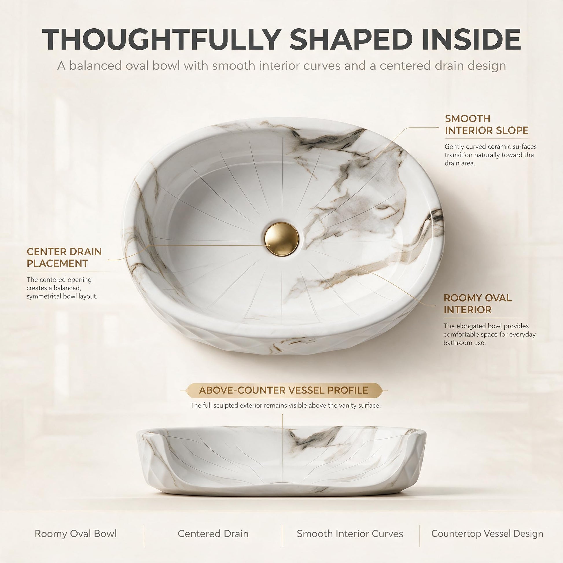 White, Gray and Taupe Oval Ceramic vessel bathroom sink, additional product view 6