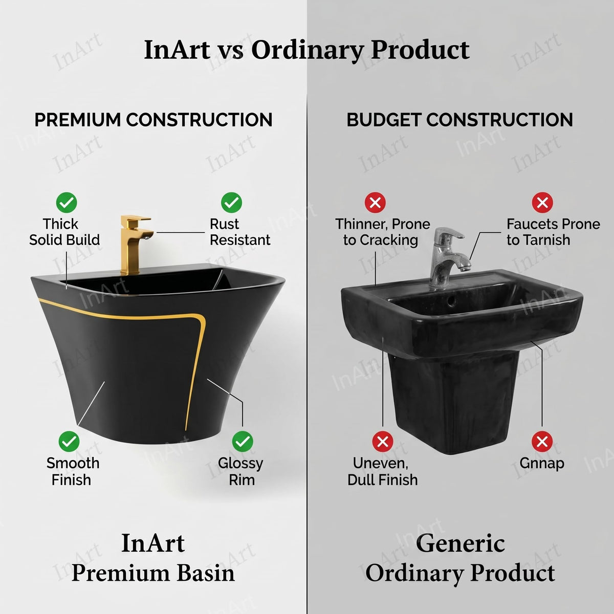InArt Glossy Black Wall-Mounted Ceramic Bathroom Sink with Half Pedestal, 21.3 Inch, additional product view 7