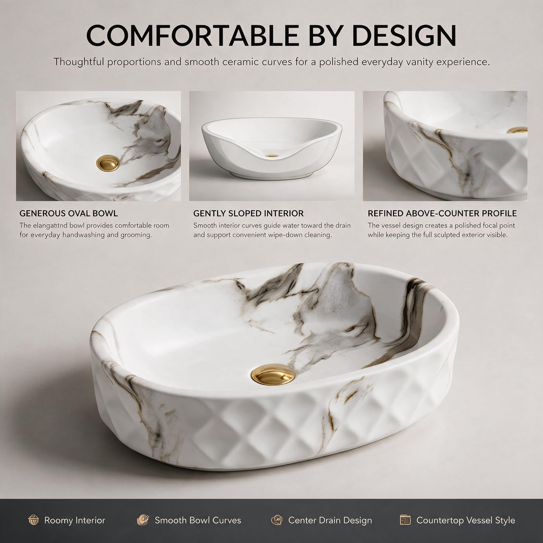 White, Gray and Taupe Oval Ceramic vessel bathroom sink