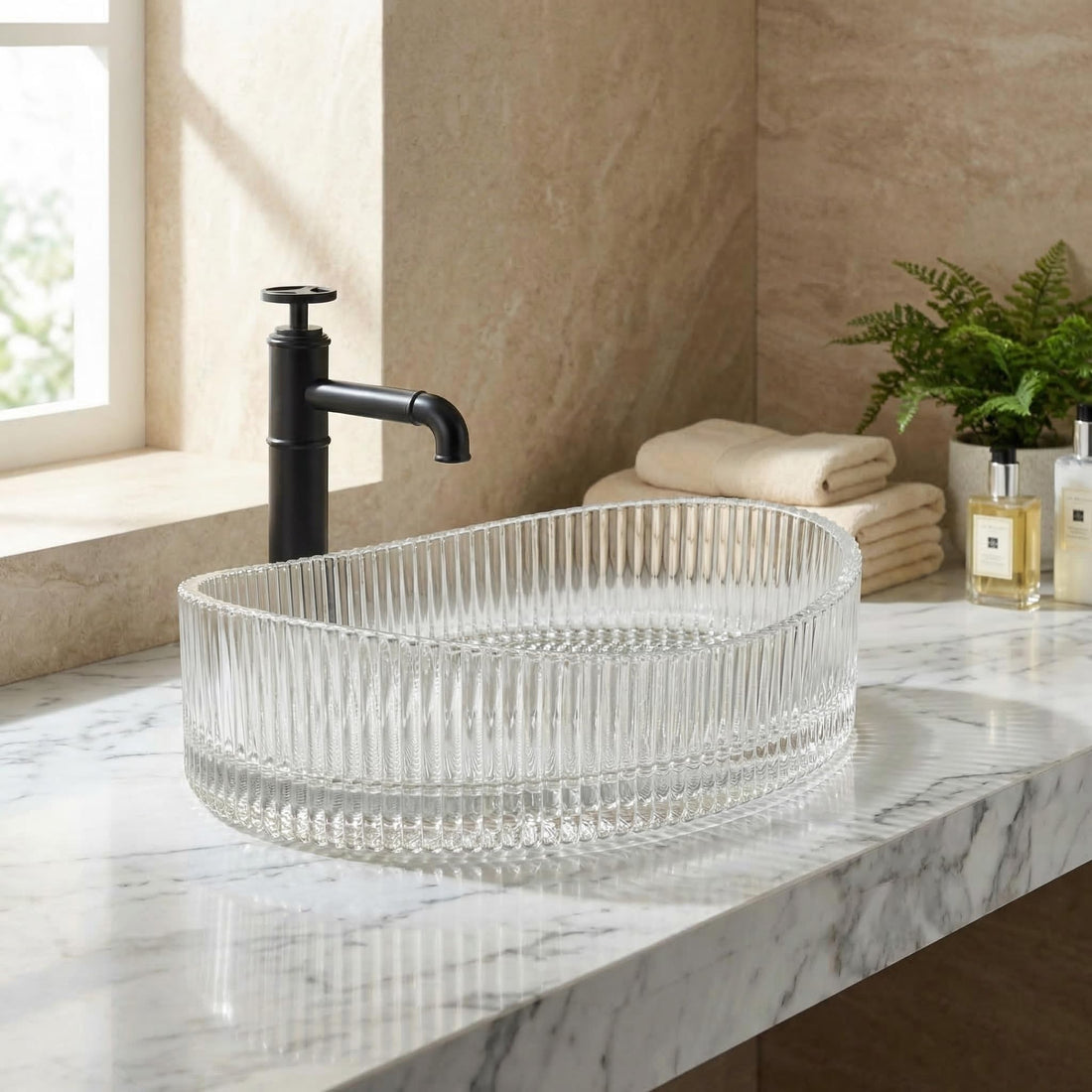 InArt Crystal Clear Oval Glass Vessel Sink, Fluted Ribbed Design, 19.7 x 14.6 Inch Bathroom Basin
