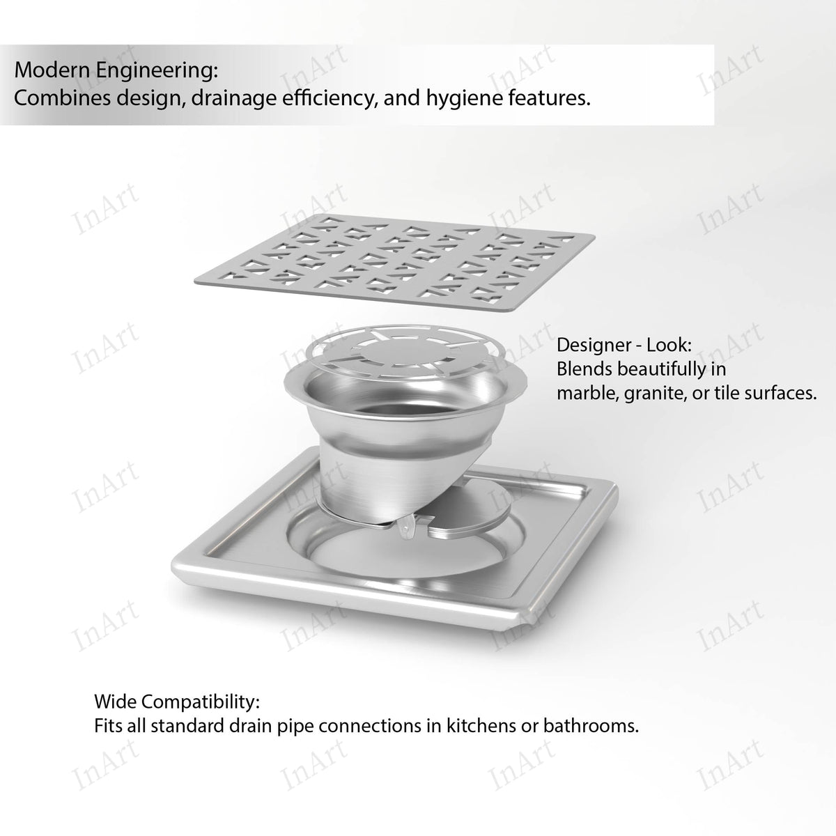 InArt 5 x 5 Inch Square Stainless Steel Shower Drain for Bathroom Floors, additional product view 3