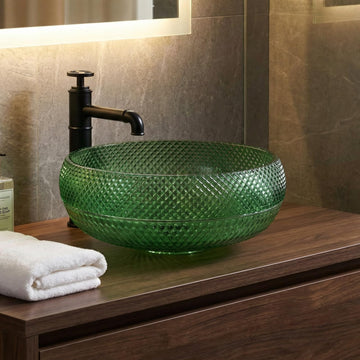 Glass basin sink InArt green square tempered glass vessel sink, glossy tabletop above counter basin 42x42 cm