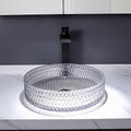 Bowl sink vanity detail showing round tempered glass vessel bowl with smooth glossy clear finish
